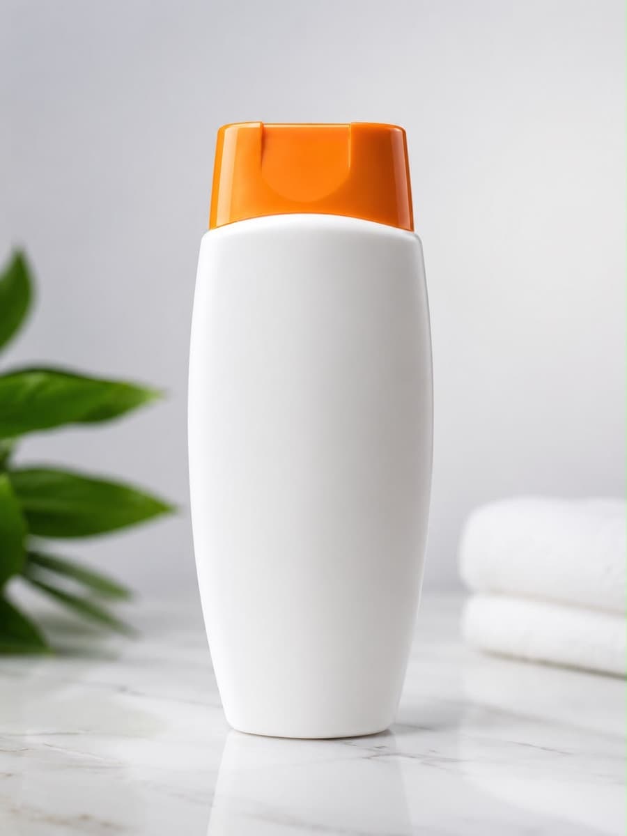 White plastic bottle with an orange flip-top cap on a marble surface