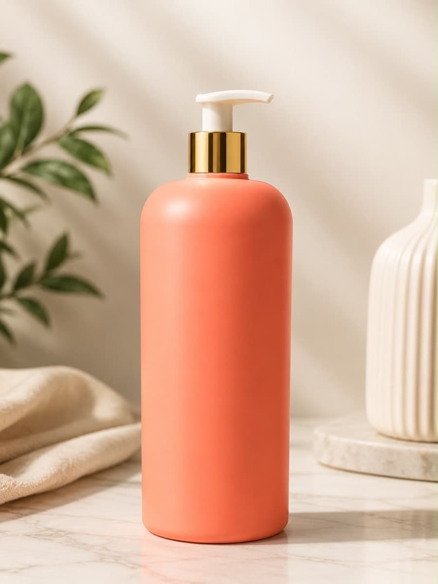 Coral plastic bottle with a gold-collared lotion pump