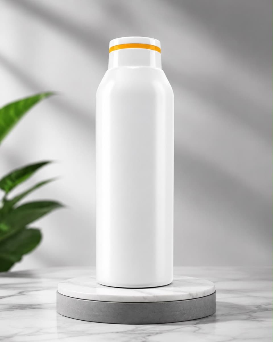 White cosmetic bottle displayed on a marble podium