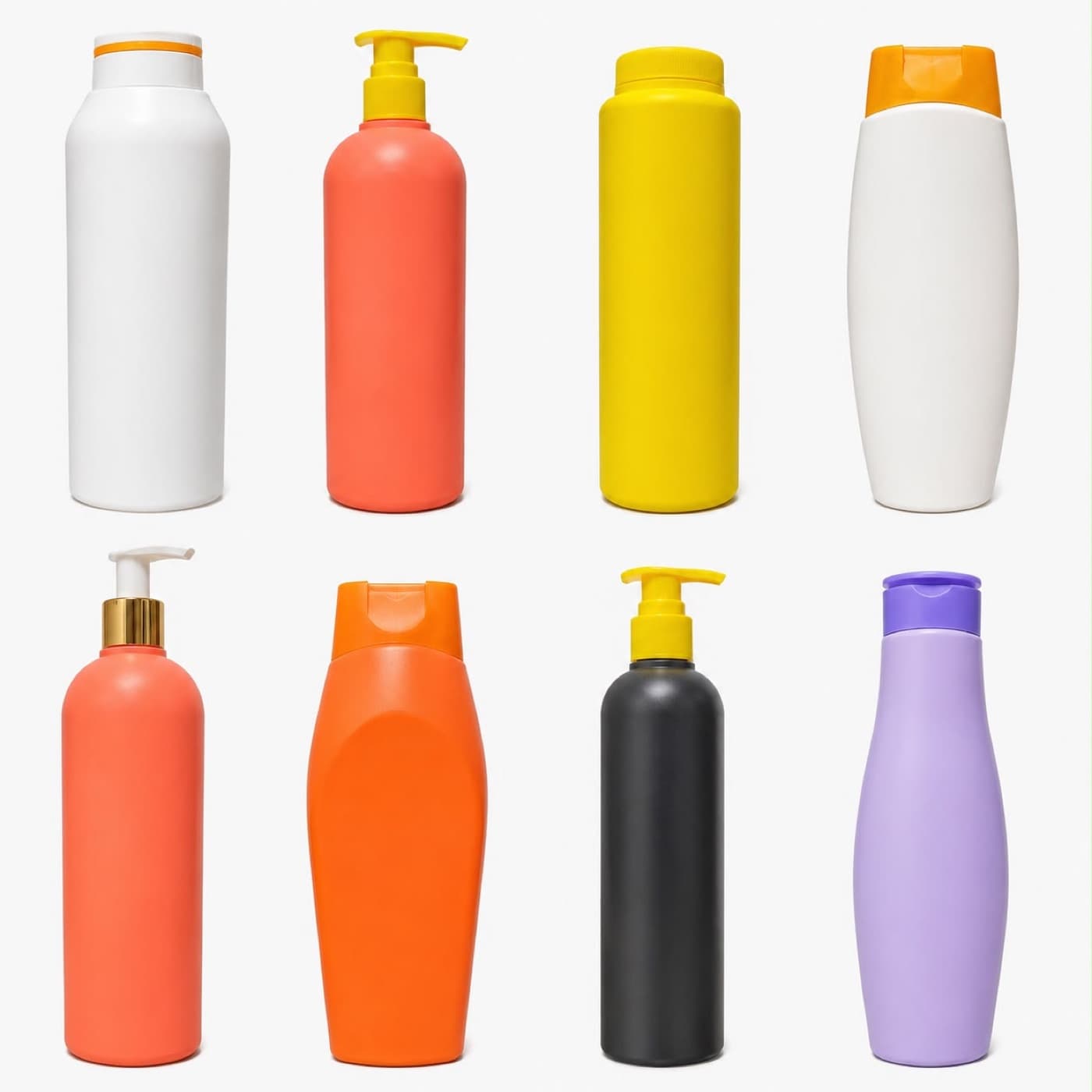 Range of plastic bottles in white, coral, yellow, orange and purple