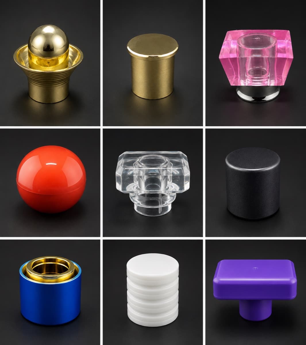 Assorted decorative caps in gold, red, blue and clear acrylic