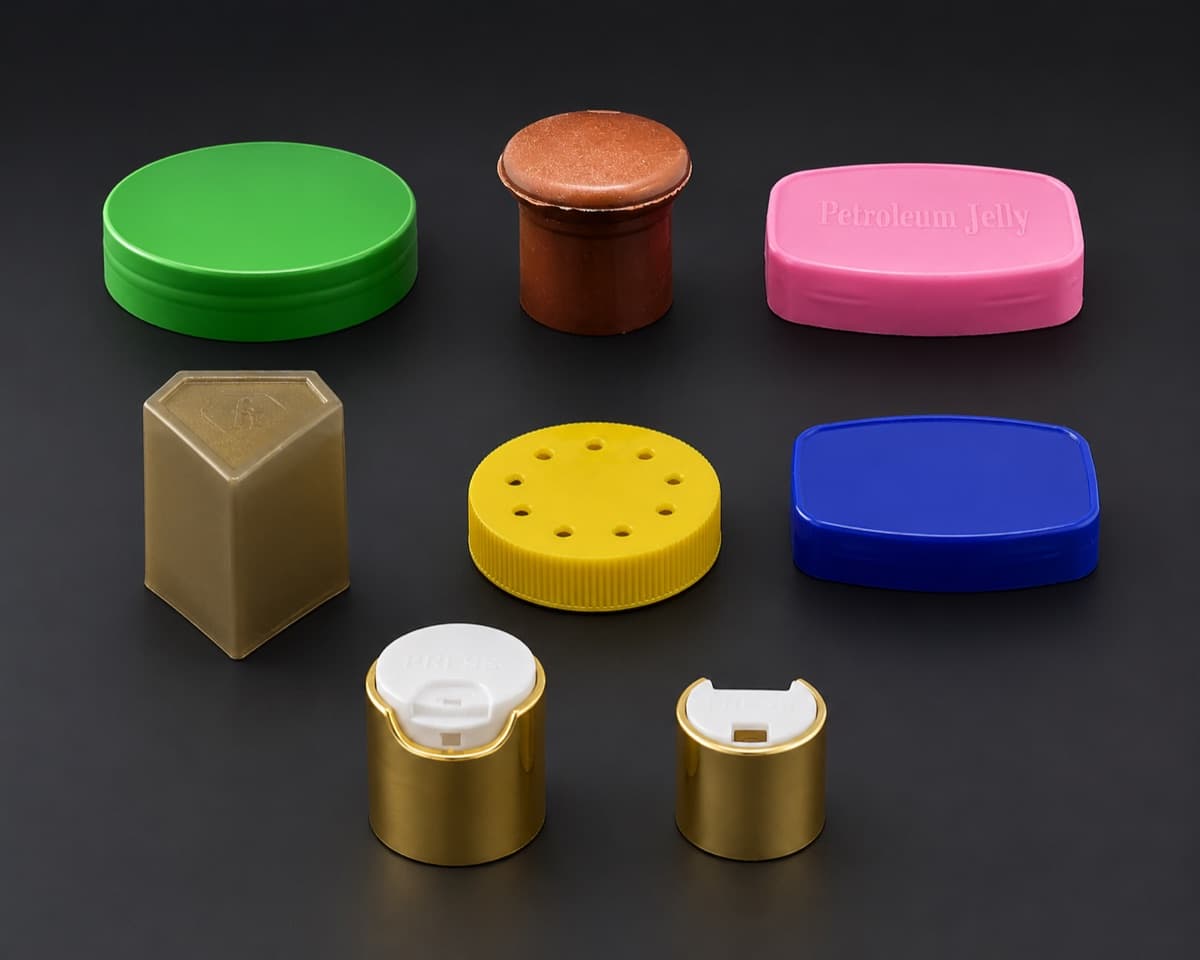 Colourful screw and disc-top plastic caps in a range of shades