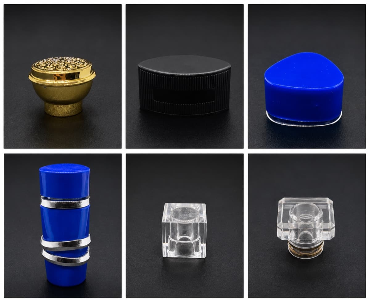 Assorted plastic and acrylic caps and closures on a dark background