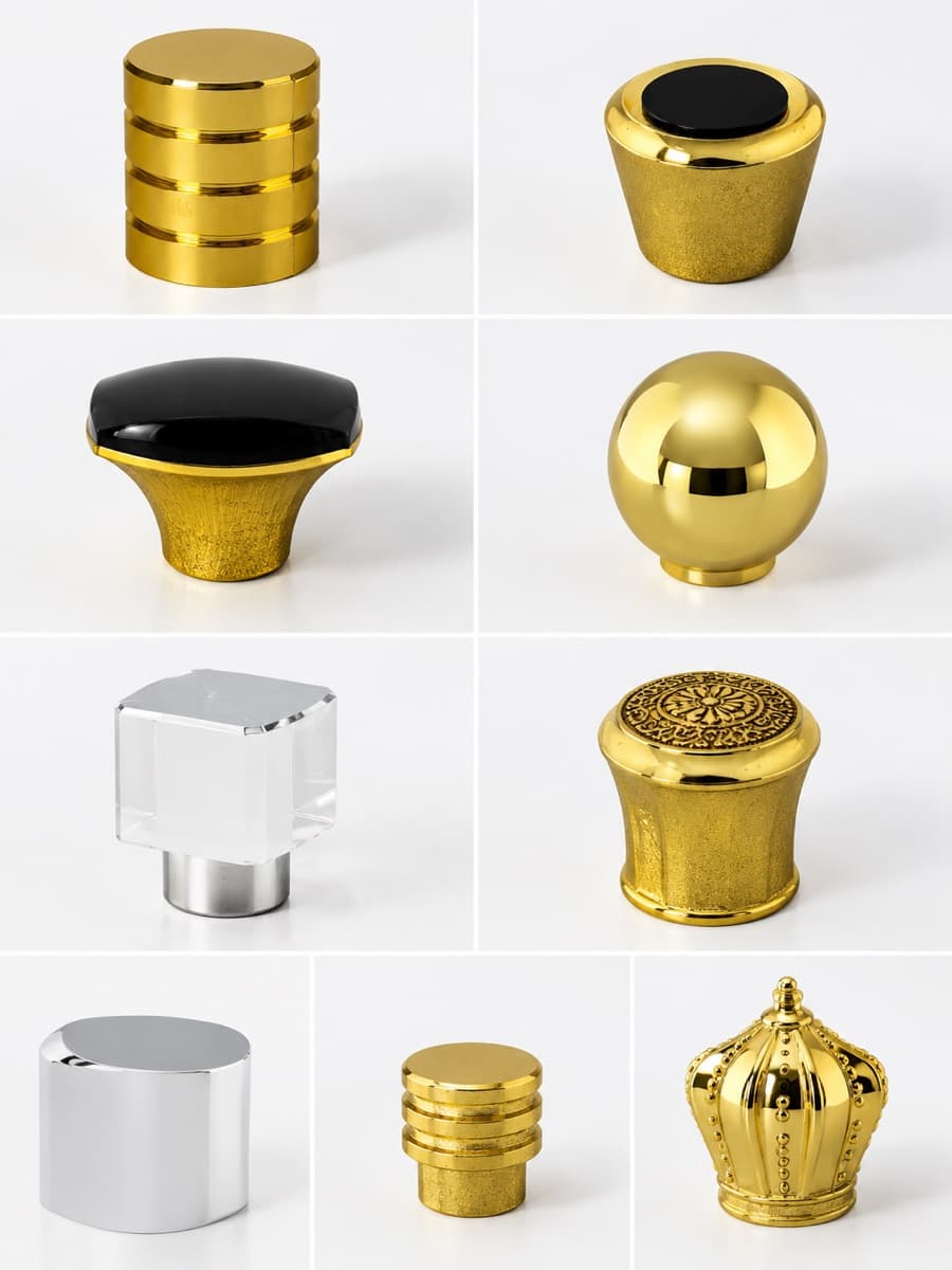 Grid of premium metal and acrylic caps in gold, black and clear finishes