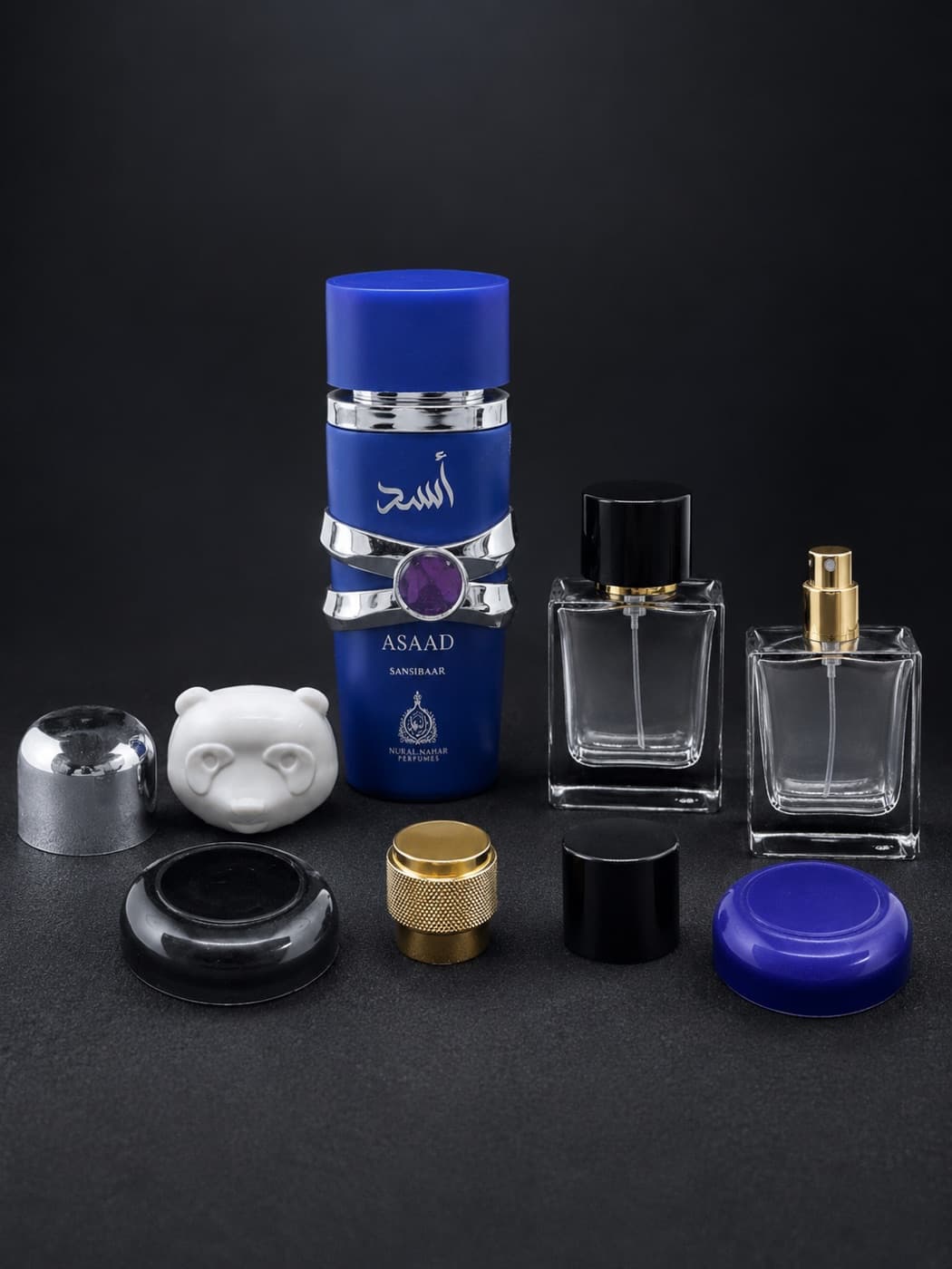 Perfume bottle with assorted caps and packaging components